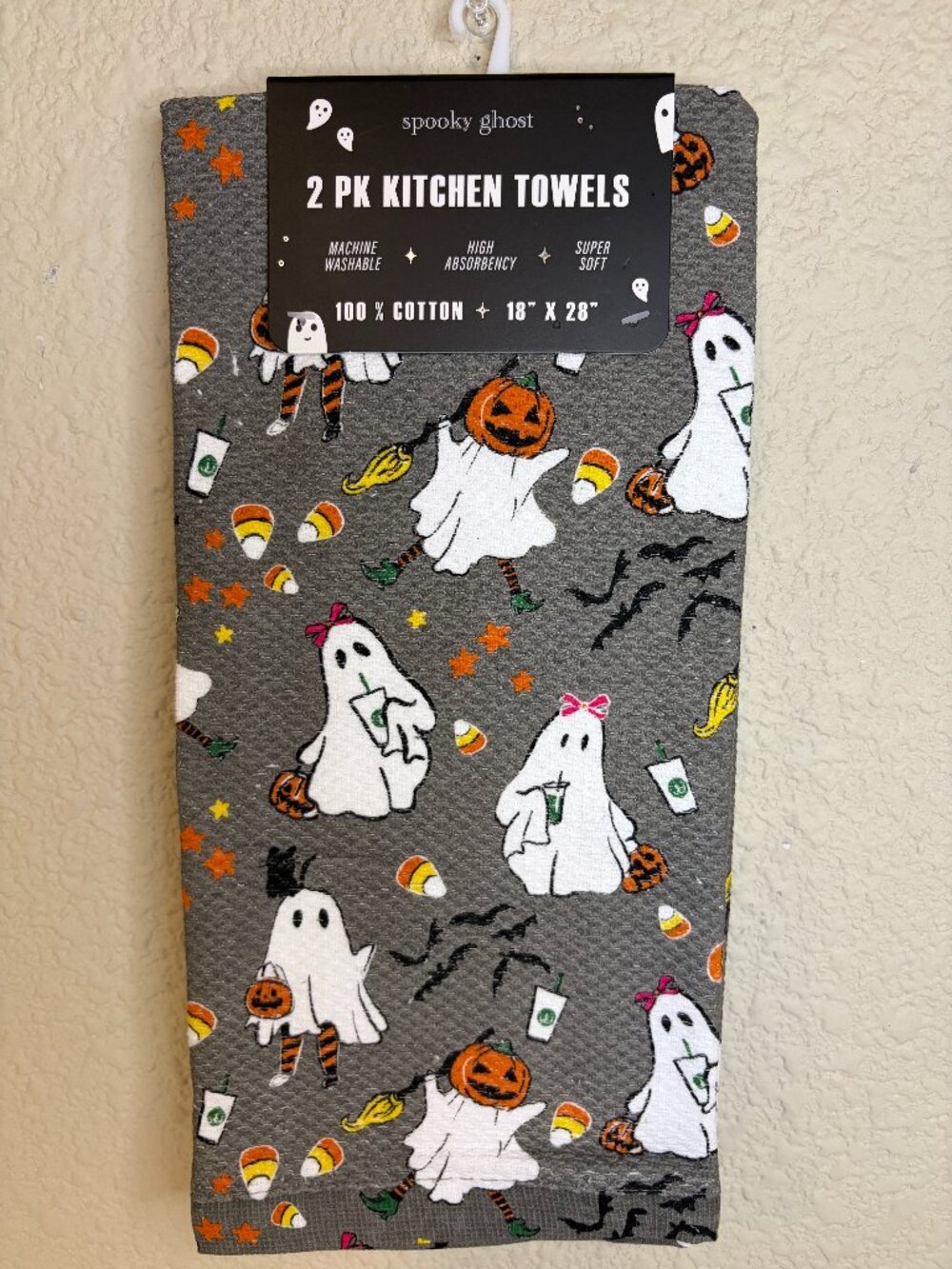 Spooky Girly Ghost Halloween Kitchen Towels 2 Pack Pumpkin Candy Corn 18x28 NWT